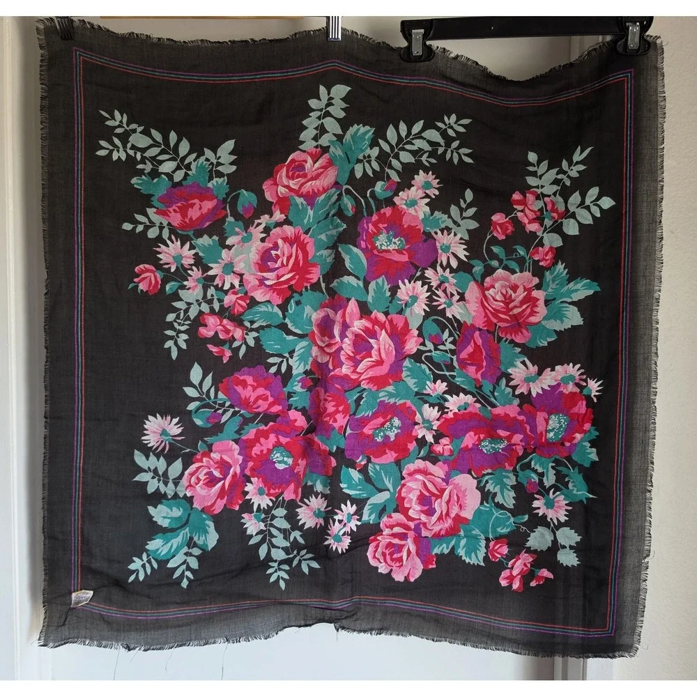 Ventex Scarf Black Pink Green Floral Women Vintage Japan Wrap Shawl
